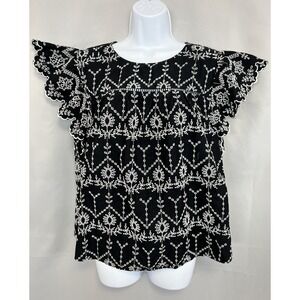 Crown & Ivy Women's Plus Top Size 1X Embroidered Eyelet Black White Bohemian